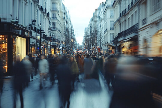Crowd walking down busy shopping street in paris at dusk