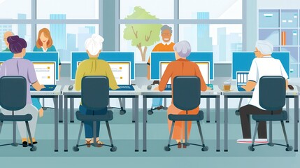 A group of elderly learners are actively participating in computer courses, using laptops and desktops to enhance their digital literacy. Generative AI