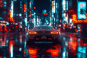 A technology futuristic style car is driving on the streets of the night city.