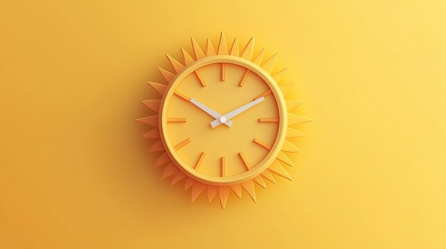 A sun clock pictogram representing summer time. This icon features a morning sunshine theme and serves as a summertime alarm symbol, indicating sunrise and sunset hours. 