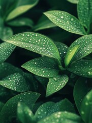 Fototapeta premium Green leaves glisten with water droplets, illustrating the beauty and freshness of nature after a rain in a vibrant setting. Generative AI