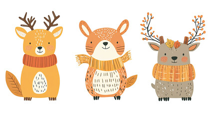 Obraz premium Three Adorable Autumn Animals Wearing Cozy Scarves in Vibrant Colors Generative AI