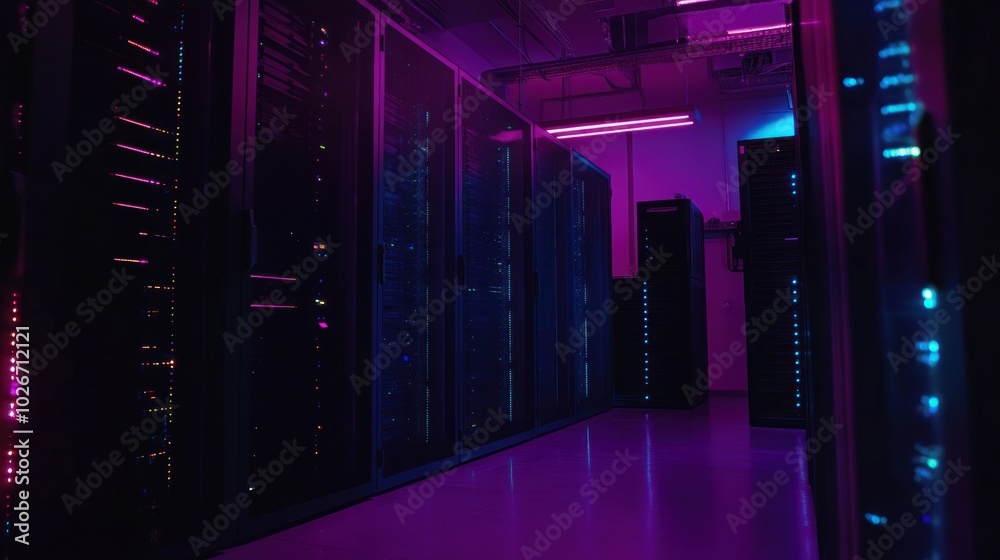 Poster Rows of Servers in a Data Center with Neon Lights