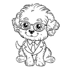 Fototapeta premium Illustration of a cute poodle puppy wearing glasses and business suit, sitting with happy expression. Baby pet in line drawing. Isolated on white. Children's coloring page, kids toddler activity.
