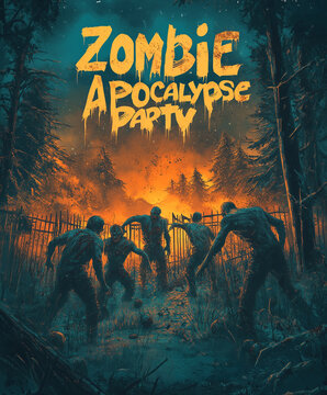 A group of zombies gather in the woods for a vibrant and eerie party as the sun sets behind them, creating an atmospheric backdrop