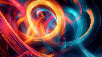 Vibrant neon light spirals swirling against a dark, abstract backdrop, giving a sense of motion.