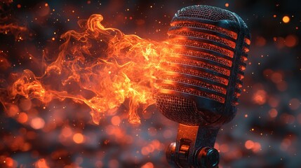 A stunning 3D render of a microphone emitting flames, capturing the essence of passionate performance and energy. Perfect for music lovers.