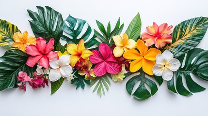 Obraz premium Bright tropical flowers arranged gracefully on a white backdrop
