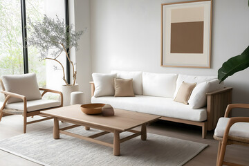 Minimalist living room design with modern japanese decoration sleek tatami mats plush rugs light wood earthy ceramics 