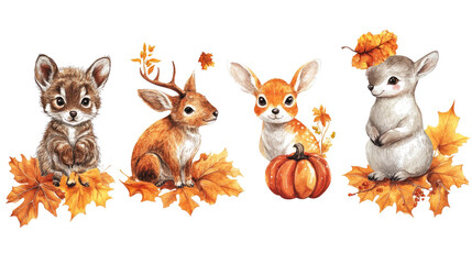 Fototapeta premium Adorable Autumn Animals Surrounded by Colorful Leaves and Pumpkins Generative AI