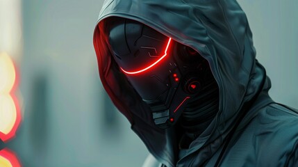 Anonymous robotic hacker in a dark environment symbolizing the concept of hacking, cybersecurity, cybercrime, and cyberattacks. The robotic figure's hidden identity and technological nature emphasize 