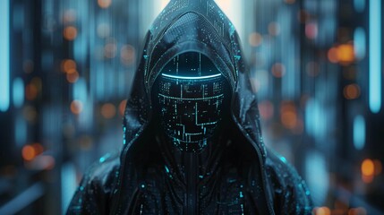 Anonymous robotic hacker in a dark environment symbolizing the concept of hacking, cybersecurity, cybercrime, and cyberattacks. The robotic figure's hidden identity and technological nature emphasize 