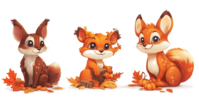 Cute Autumn Animals Gathering Leaves in a Colorful Forest Setting Generative AI