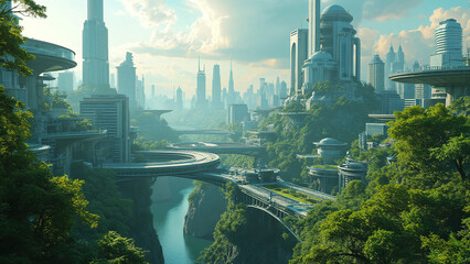 Obraz premium Futuristic Green Cityscape with River