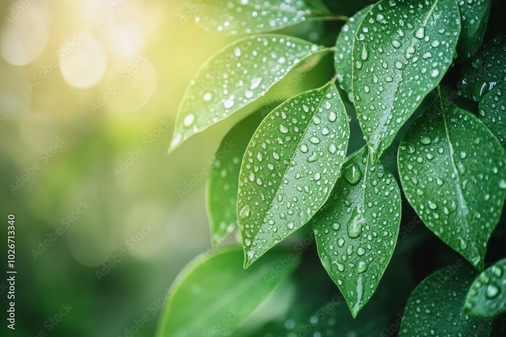 Sticker Bright green leaves adorned with shimmering water droplets showcase the beauty of nature and the refreshing start of a new day. Generative AI