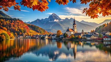Stunning Autumn Silhouette of St Wolfgang Town and Wolfgangsee Lake in Austria