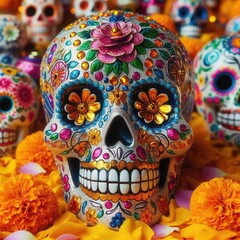 Fototapeta premium Celebrate the vibrant traditions of Mexico with this colorful Day of the Dead skull, adorned with flowers, reflecting the rich culture and spirit of honoring loved ones.