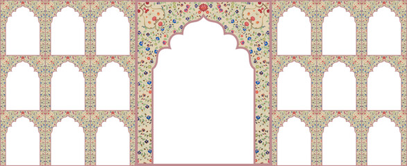 Set of windows Beautiful Floral Arch small and Big Design with Indian Rajasthani fort and Culture. Wedding Backdrop. Abstract Indian floral design, Persian carpet, tribal texture, Vector file.
