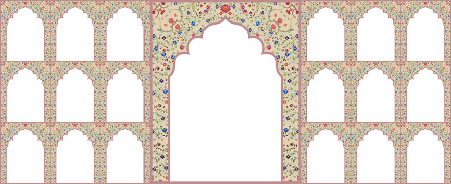 Set of windows Beautiful Floral Arch small and Big Design with Indian Rajasthani fort and Culture. Wedding Backdrop. Abstract Indian floral design, Persian carpet, tribal texture, Vector file.