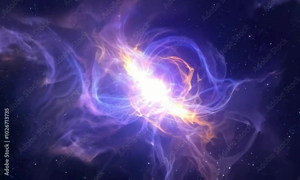 Wall mural tracking shot with nebula interaction: the camera starts by focusing on a star interacting with a ne