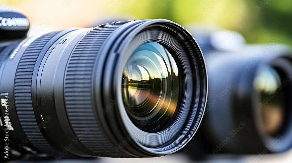 Poster close-up of a camera lens with a blurry background reflecting in the lens