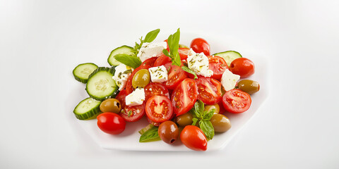 a white plate with a salad of tomatoes, cus, and fescutes
