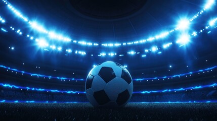 Naklejka premium A Soccer Ball on a Football Field at Night with Bright Blue Lights