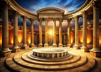 Fototapeta premium Stunning Drone Photography of a Roman Style Circular Stage Podium Surrounded by Majestic Stone Columns Against a Vintage Background