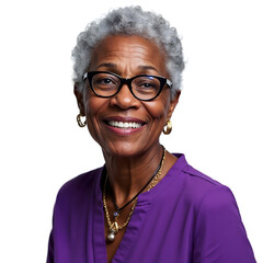 An old elderly, happy African woman with gray hair, smiling, isolated on a white background, happy grandma