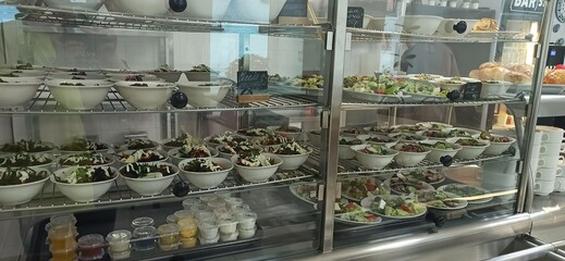 Freshly prepared salads displayed in a vibrant deli case at a local eatery during lunchtime rush
