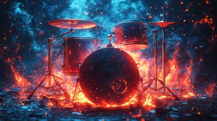 A striking image of a drum set engulfed in flames, radiating energy and intensity. This visually captivating piece showcases an electrifying atmosphere.