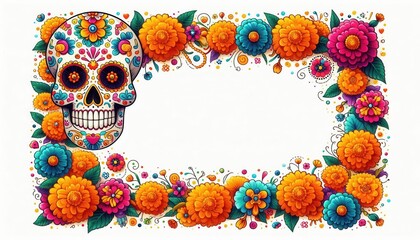 Celebrate the vibrant traditions of Mexico's Day of the Dead with this colorful skull and flower design, perfect for festive events, marketing materials, or cultural projects.