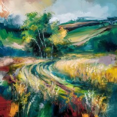 Abstract oil painting landscape. Oil painting outdoor on canvas. Semi abstract tree, field, meadow. Abstraction Landscape nature, contemporary art for background
