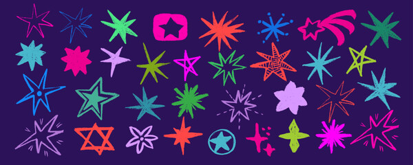 Set stars  doodle style drawn by hand charcoal. Grunge scrawls, charcoal scribbles, rough brush strokes. Bold charcoal freehand stars. Crayon   scribbles and graffiti elements