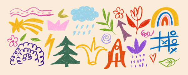 Colorful childish crayon drawn doodle collection. Pencil drawings isolated on white, squiggles in childish girly style, flower, crown and stars. Freehand cute kid scribbles. Bright color chalk icons.