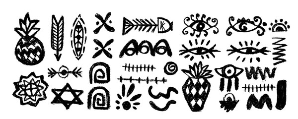 Set with african, aztec pattern  elements, symbols, icons, hand-drawn in doodle style. Set of abstract african tribal geometric shapes, ancient ethnic traditional symbols and ornate signs.