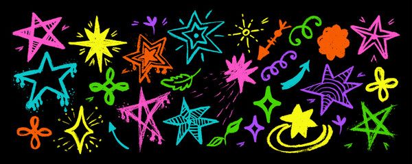 Set with colorful stars and meteorites   drawn by hand in doodle style. Grunge scrawls, charcoal scribbles, rough brush strokes, underline. Bold charcoal freehand stars.