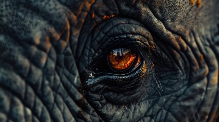 The image captures an elephant's eye, revealing detailed skin textures and the deep, reflective qualities of its gaze in a tranquil setting. Generative AI