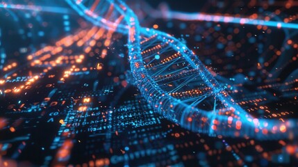 A detailed 3D representation of a DNA strand is combined with flowing binary code and dynamic data streams illustrating genetic research. Generative AI