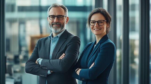 Two confident executive managers, a mature business man and woman in their 50s, standing with arms crossed, smiling at the camera in a modern office environment with glass windows in the background