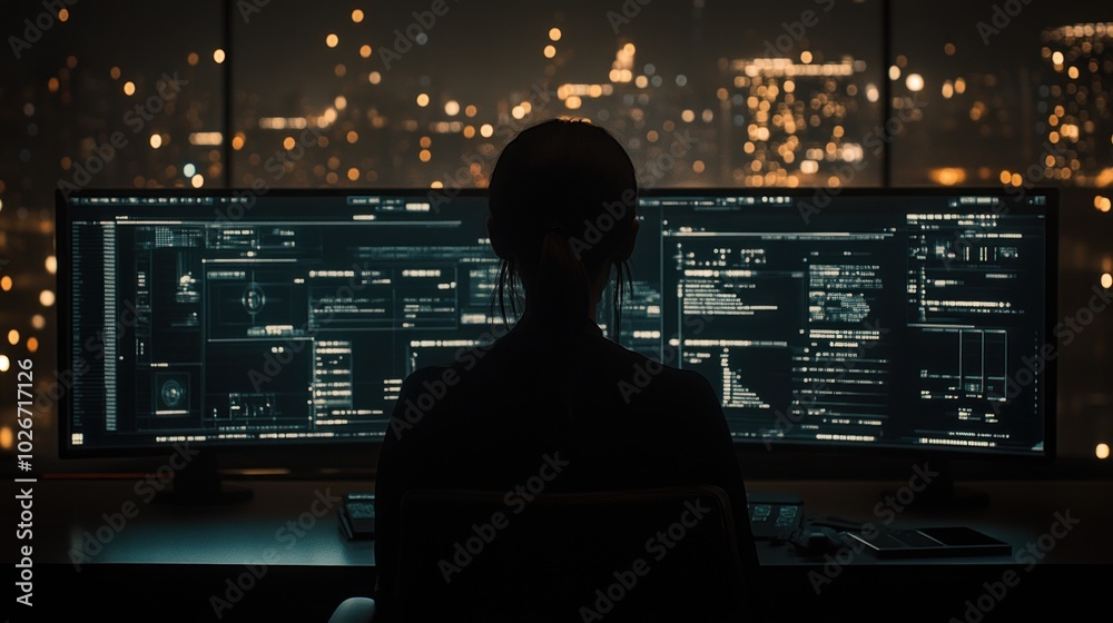 Poster Silhouetted Figure Working at a Computer with City Lights in the Background