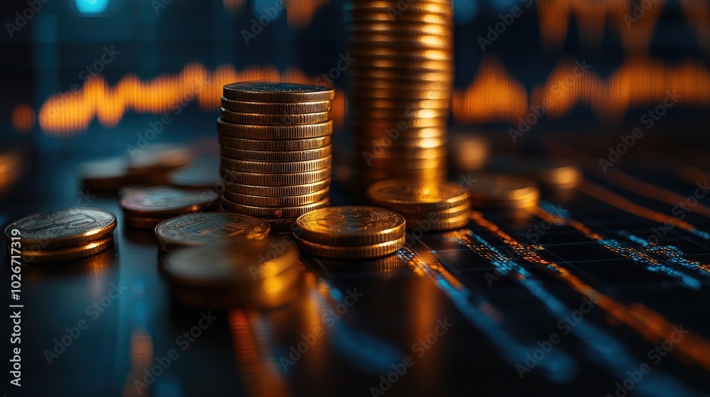 Poster gold coins stacked on each other reflecting from a surface with stock market charts in background