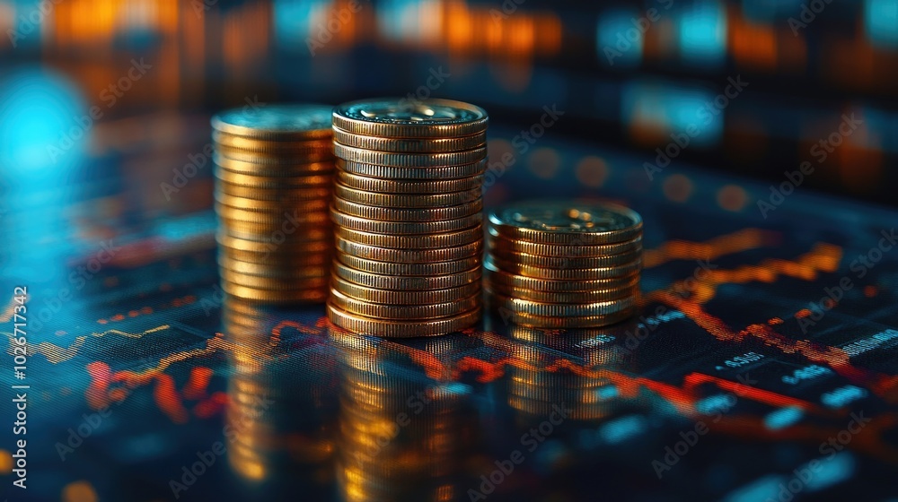 Poster gold coins stacked on each other reflecting from a surface with stock market charts in background