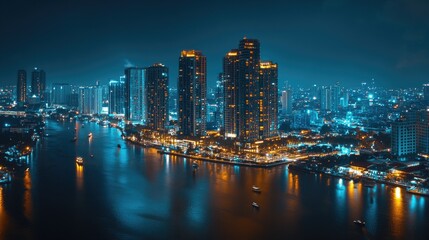 Obraz premium Chao phraya river flowing through bangkok city center at night
