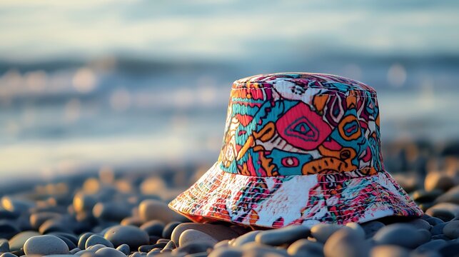colorful bucket hat by the sea