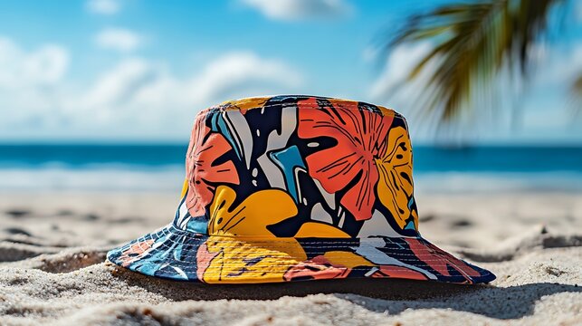 colorful bucket hat by the sea