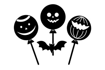 a set of lollipops in Halloween style, orange pumpkin lollipop on black stick, flat design