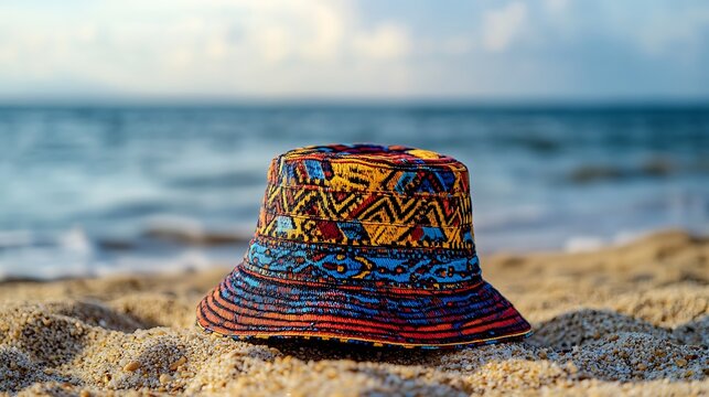 colorful bucket hat by the sea