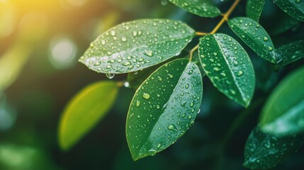 Water droplets cling to vibrant green leaves as sunlight filters through the lush foliage, showcasing the freshness of nature. Generative AI