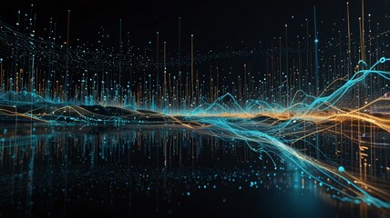 high-tech digital scene with flowing data streams and scattered digital particles, representing technology and communication.